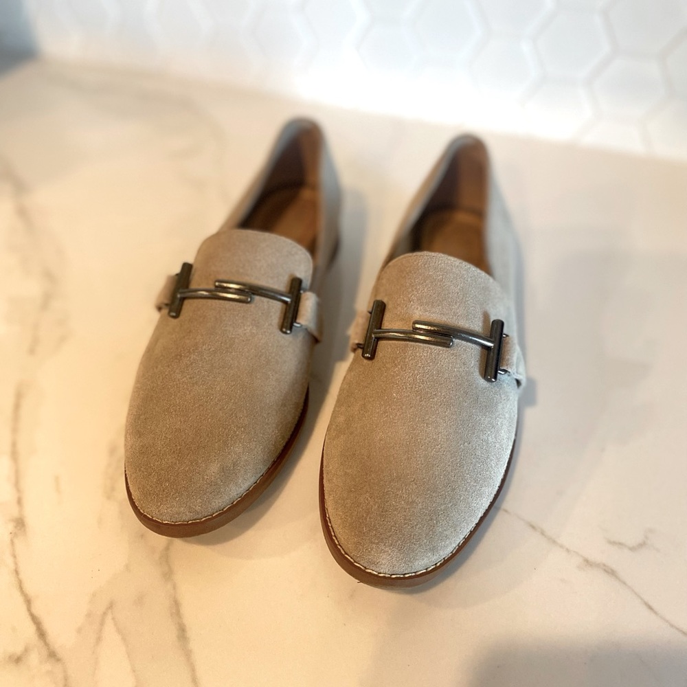 Franco Sarto Suede Leather Harlow Horse Bit Taupe Loafers Size 6.5